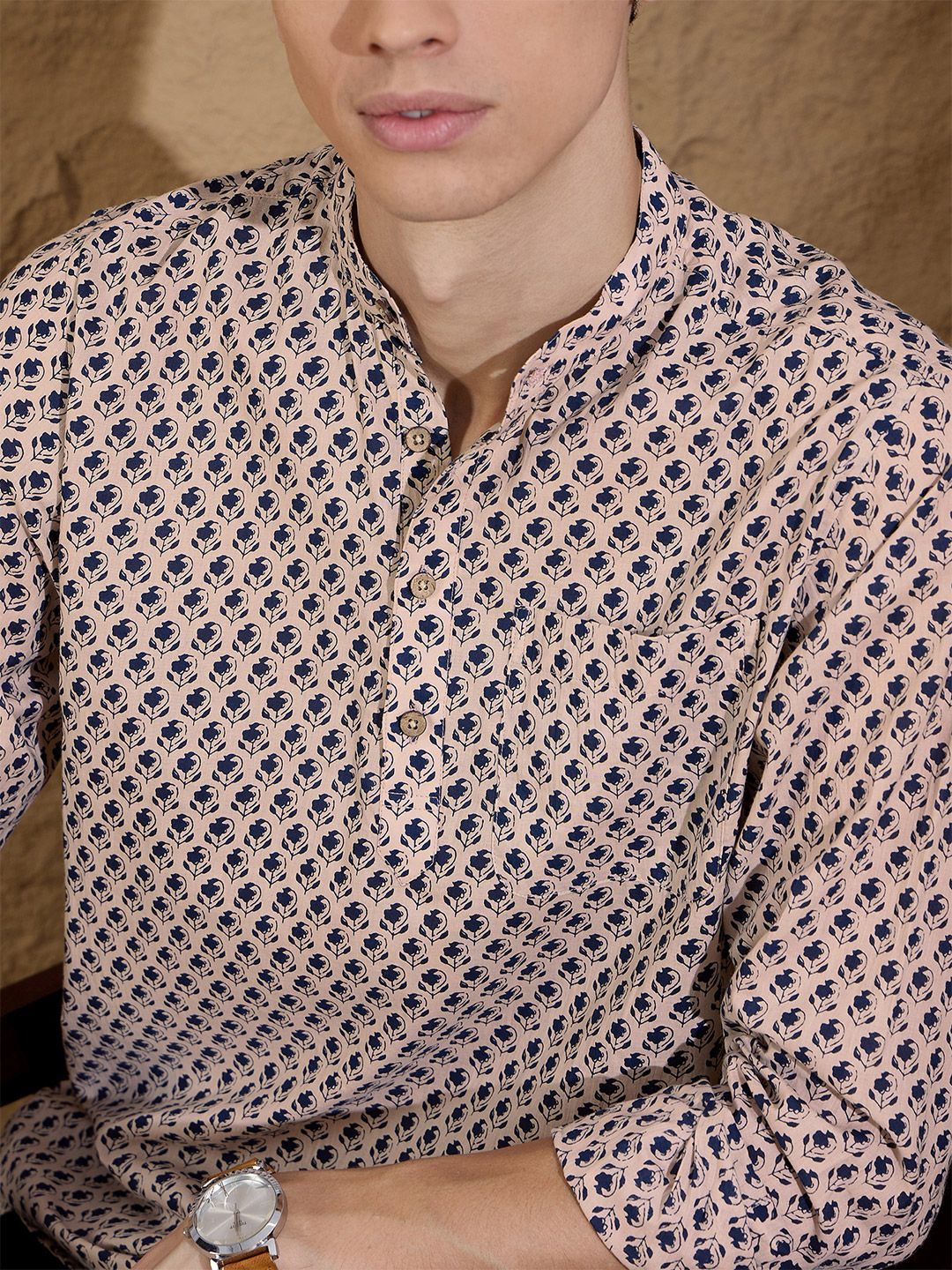 DENNISON Floral Printed Pure Cotton Band Collar Straight Kurta