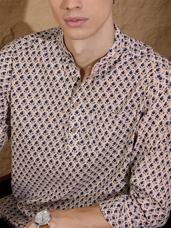 Dennison Floral Printed Cotton Band Collar Lurus Kurta