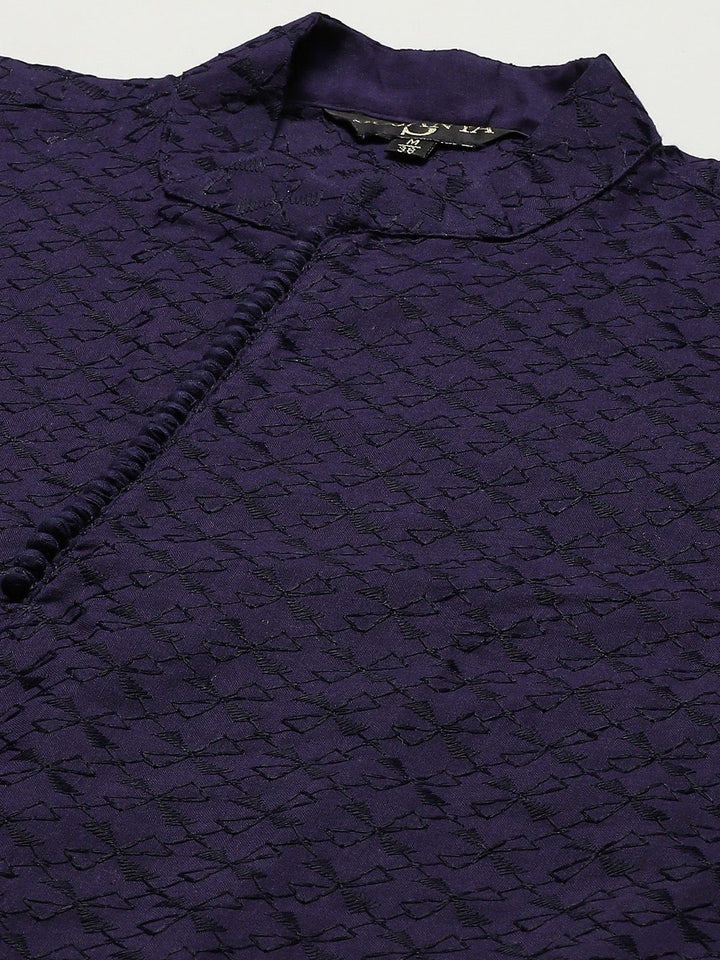 SOJANYA Lelaki Navy Blue Ethnic Chikankari Pure Cotton Kurta with Churidar & Nehru Jacket