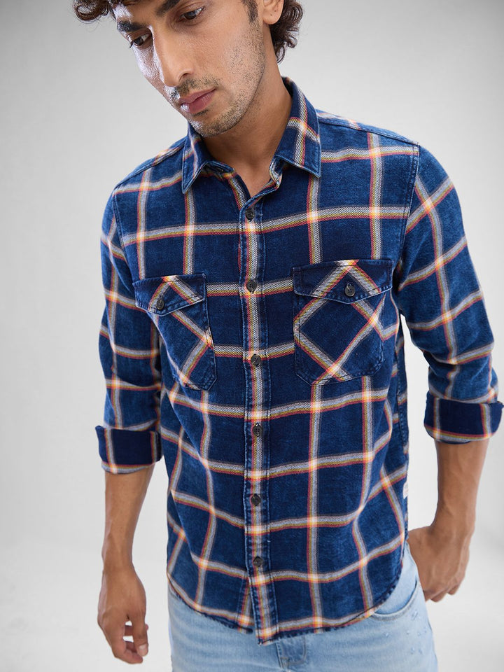 SPYKAR Men Windowpane Checks Pocket Detailing Slim Fit  Casual Shirt