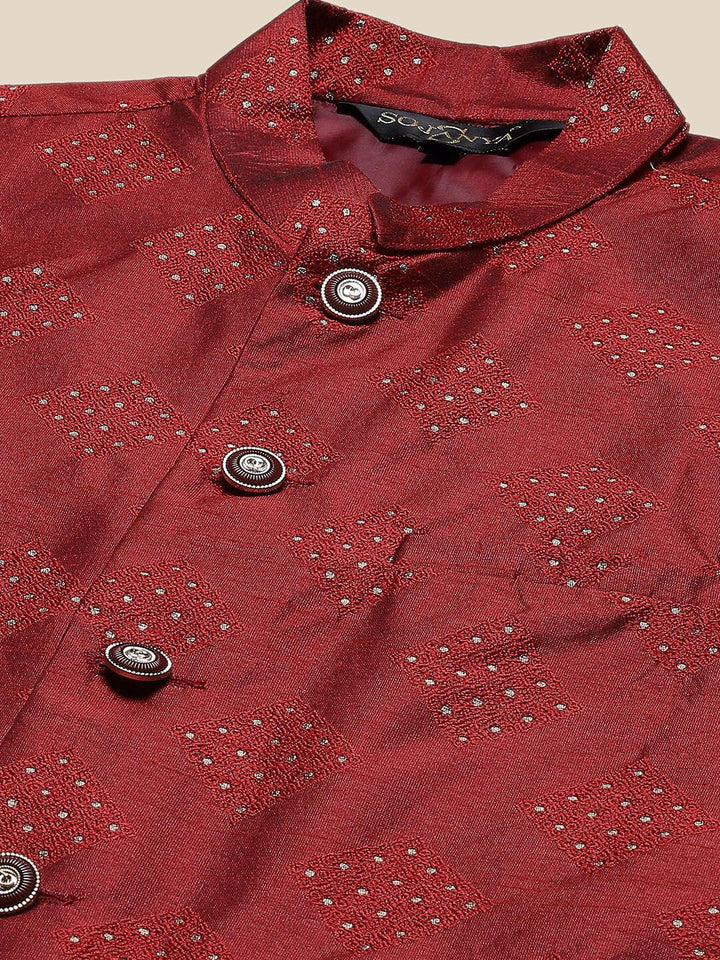 SOJANYA Mandarin Collar Straight Regular Kurta With Churidar & Nehru Jacket