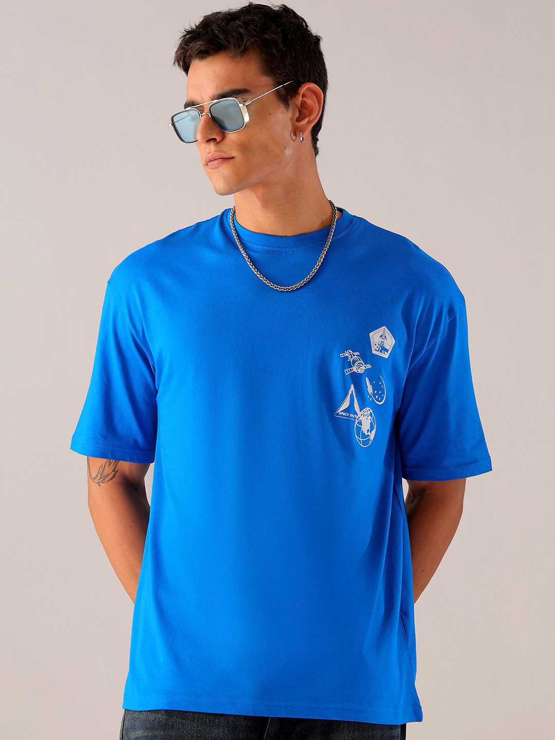 The Indian Garage Co Men Pure Cotton Back Printed Boxy Oversized Round Neck T-shirt