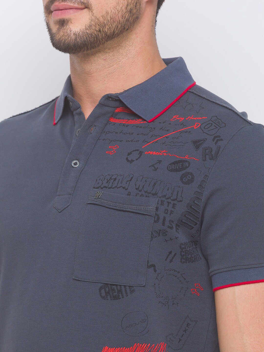 Being Human Men Grey & Red Typography Printed Polo Collar Pure Cotton T-shirt