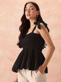 all about you Smocked Effect Tie-Up Detail Shoulder Straps Pure Cotton Peplum Top