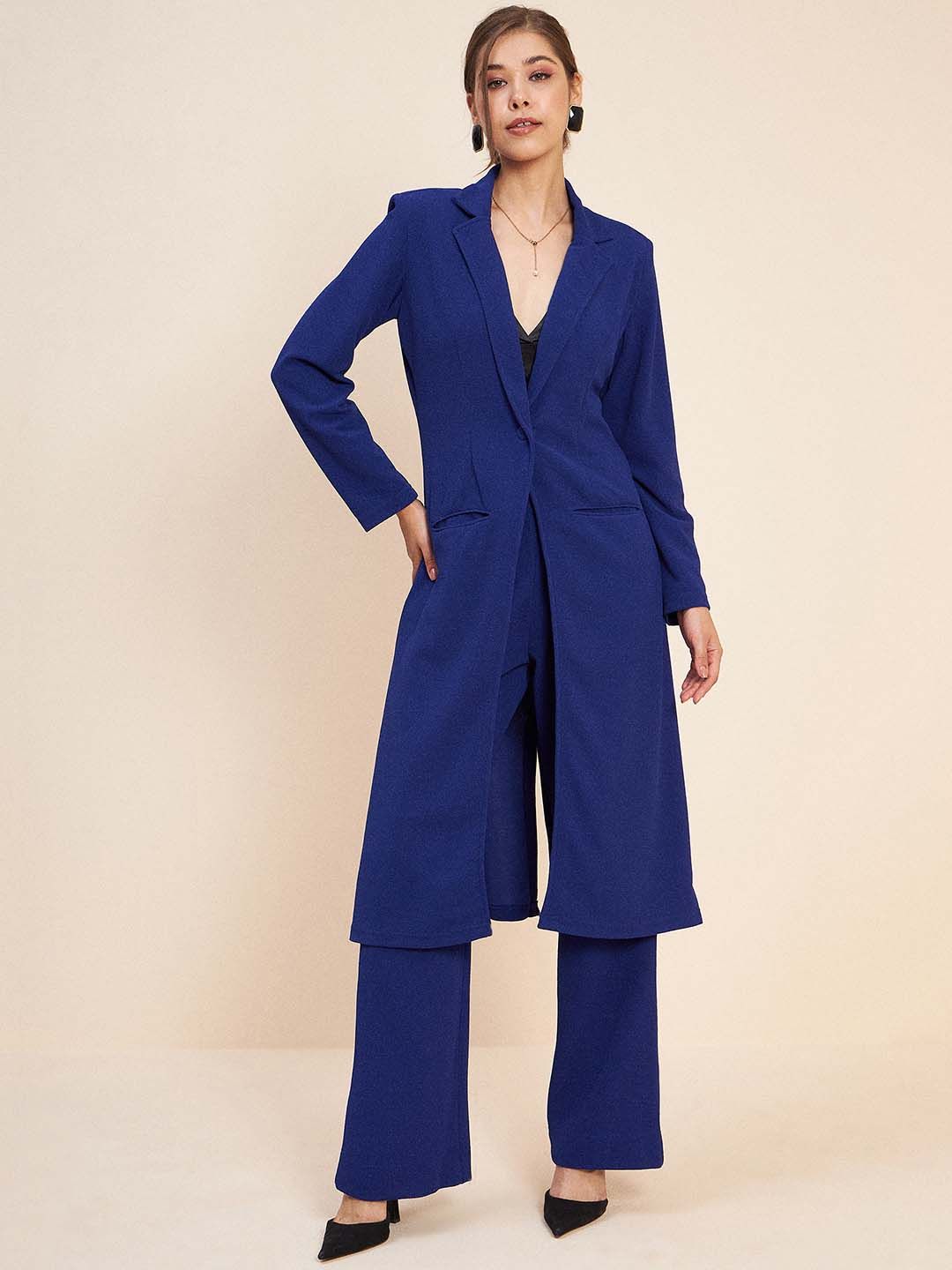 Antheaa Blue Longline Coat & Trousers Co-Ord Set