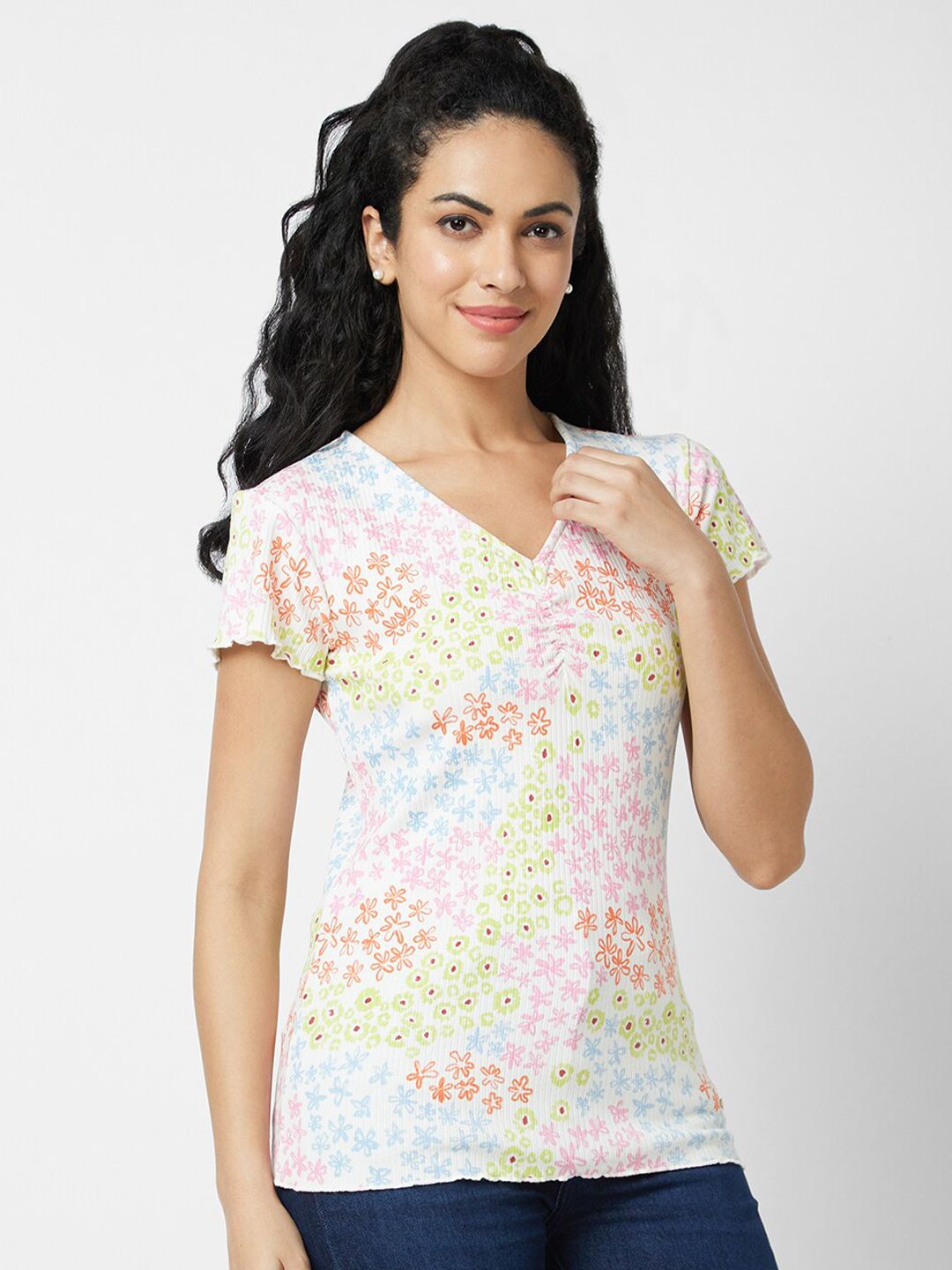 SPYKAR Floral Printed V-Neck Slim Fit T-shirt