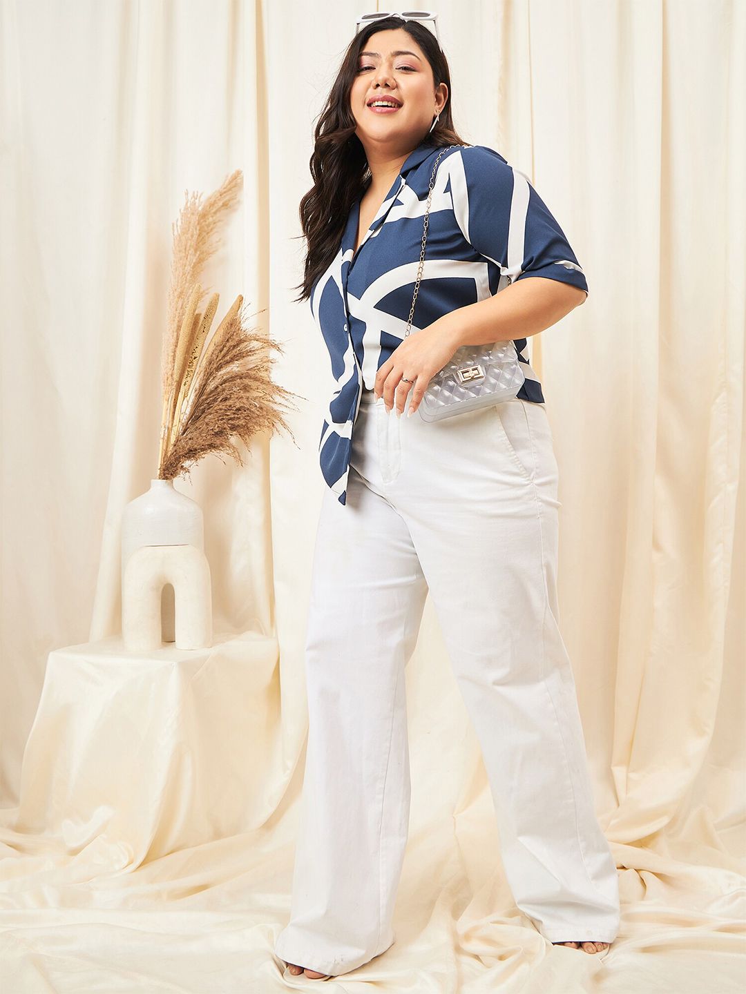 Berrylush Curve Navy Blue Abstract Printed Button Shirt Collar Top