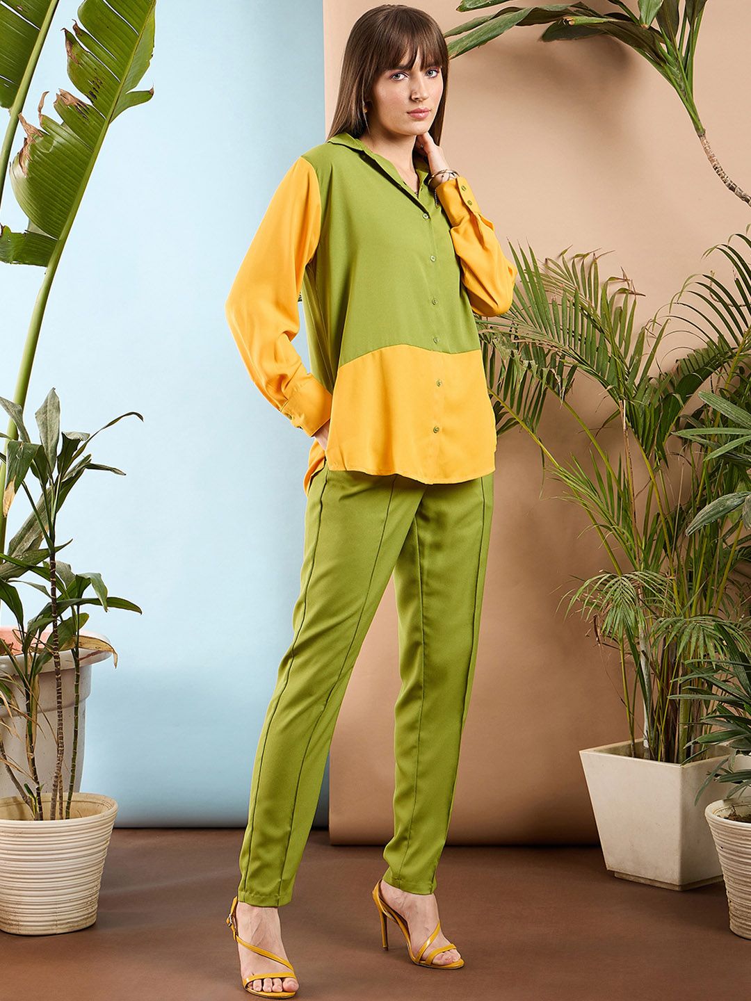 SASSAFRAS Olive Green Colourblocked Shirt With Trousers