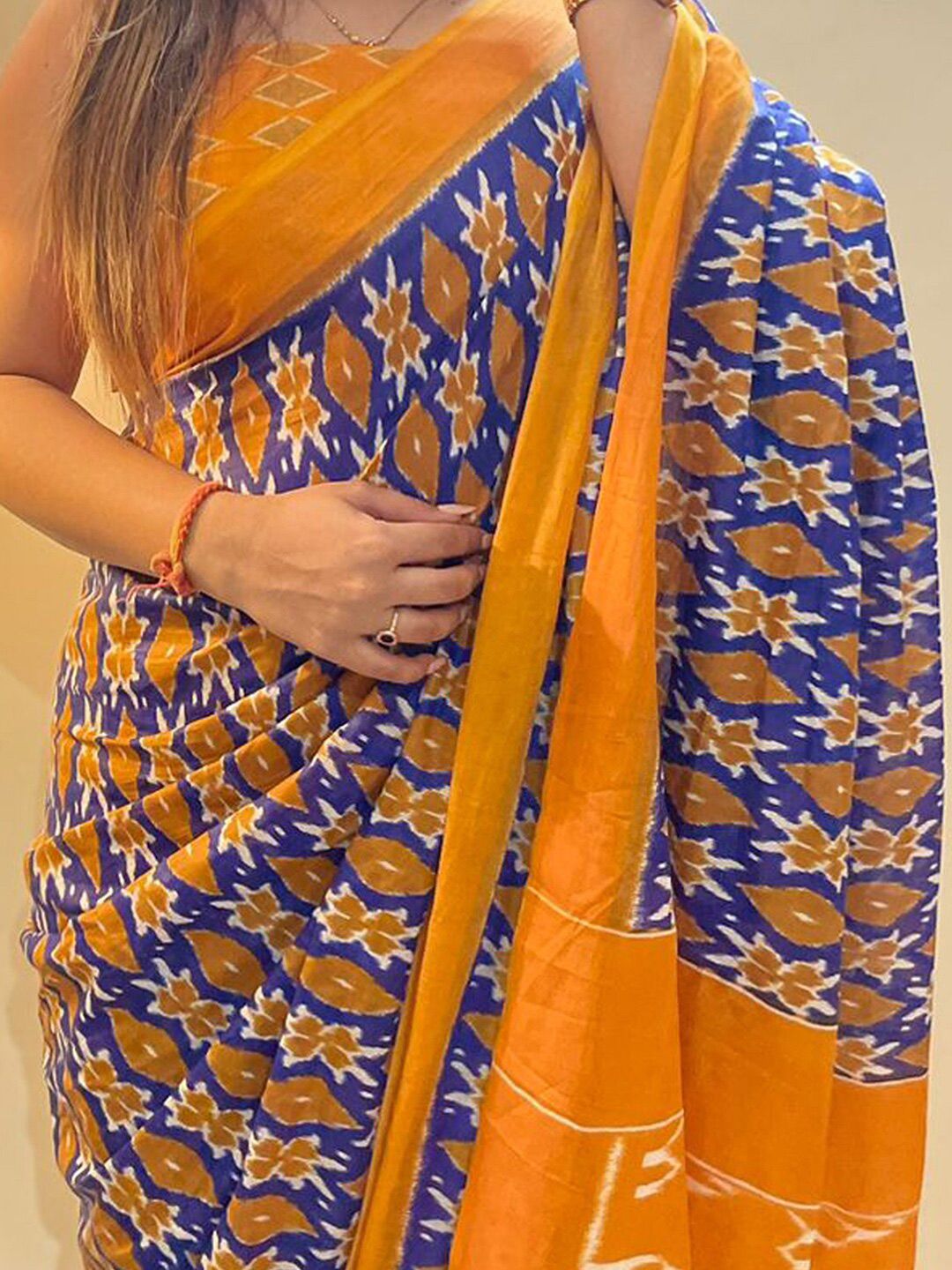 Saree mall Blue & Yellow Ethnic Motifs Printed Pure Cotton Ikat Sarees