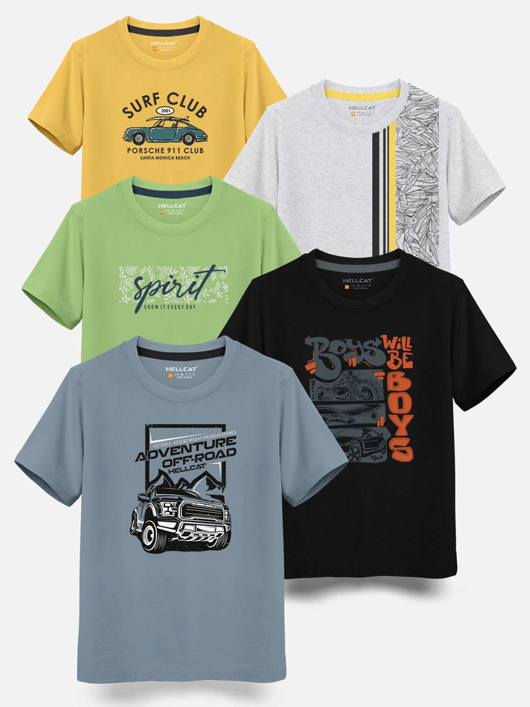 HELLCAT Boys Pack Of 5 Typography Printed Cotton T-shirt