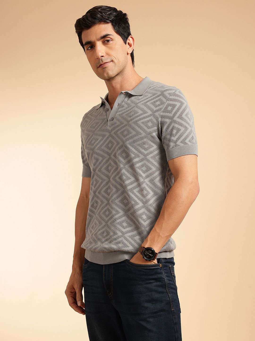 French Connection Geometric Self Design Polo Collar Pure Cotton T-shirt