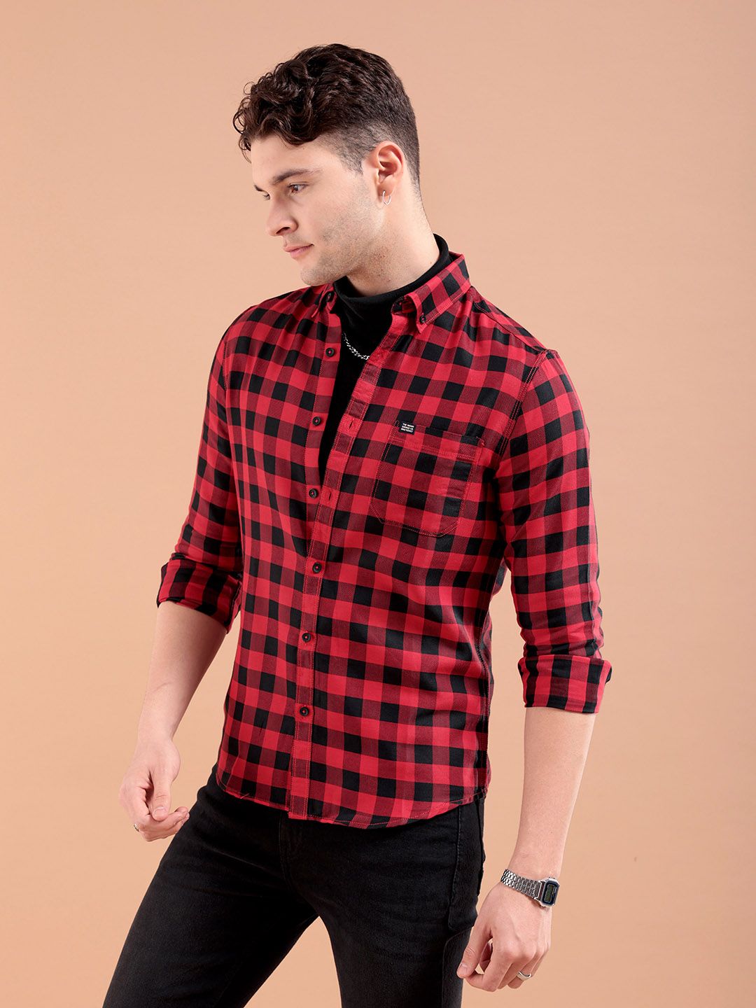 The Indian Garage Co Men Red & Black Slim Fit Checked Pure Cotton Casual Shirt