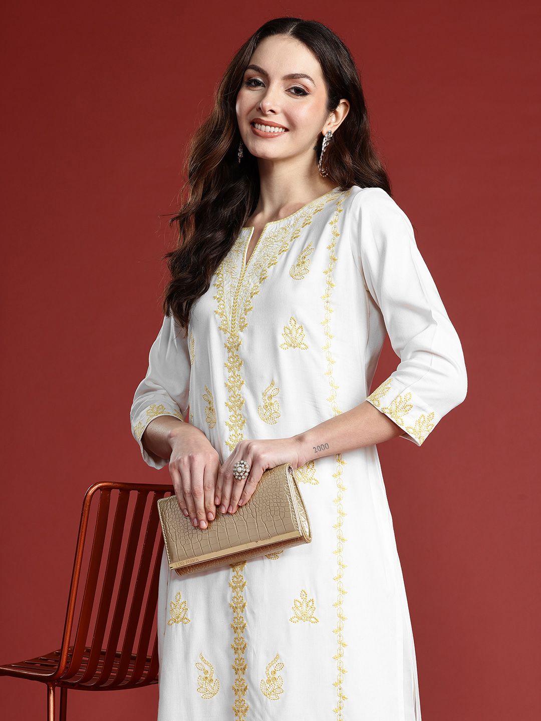 Indo Era Women Floral Embroidered Thread Work Kurta with Trousers