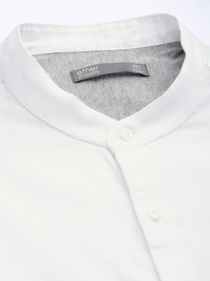 ether Men White Solid Mandarin Collar Casual Shirt