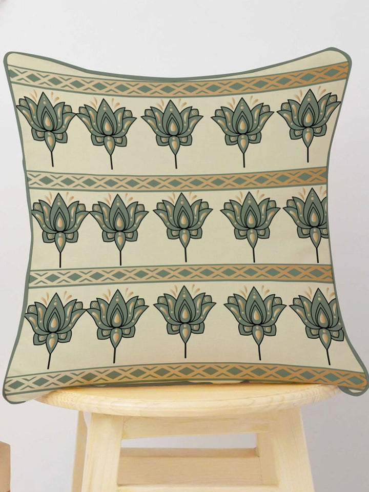 STITCHNEST Cream & Olive Green Set of 2 Ethnic Motifs Velvet Square Cushion Covers