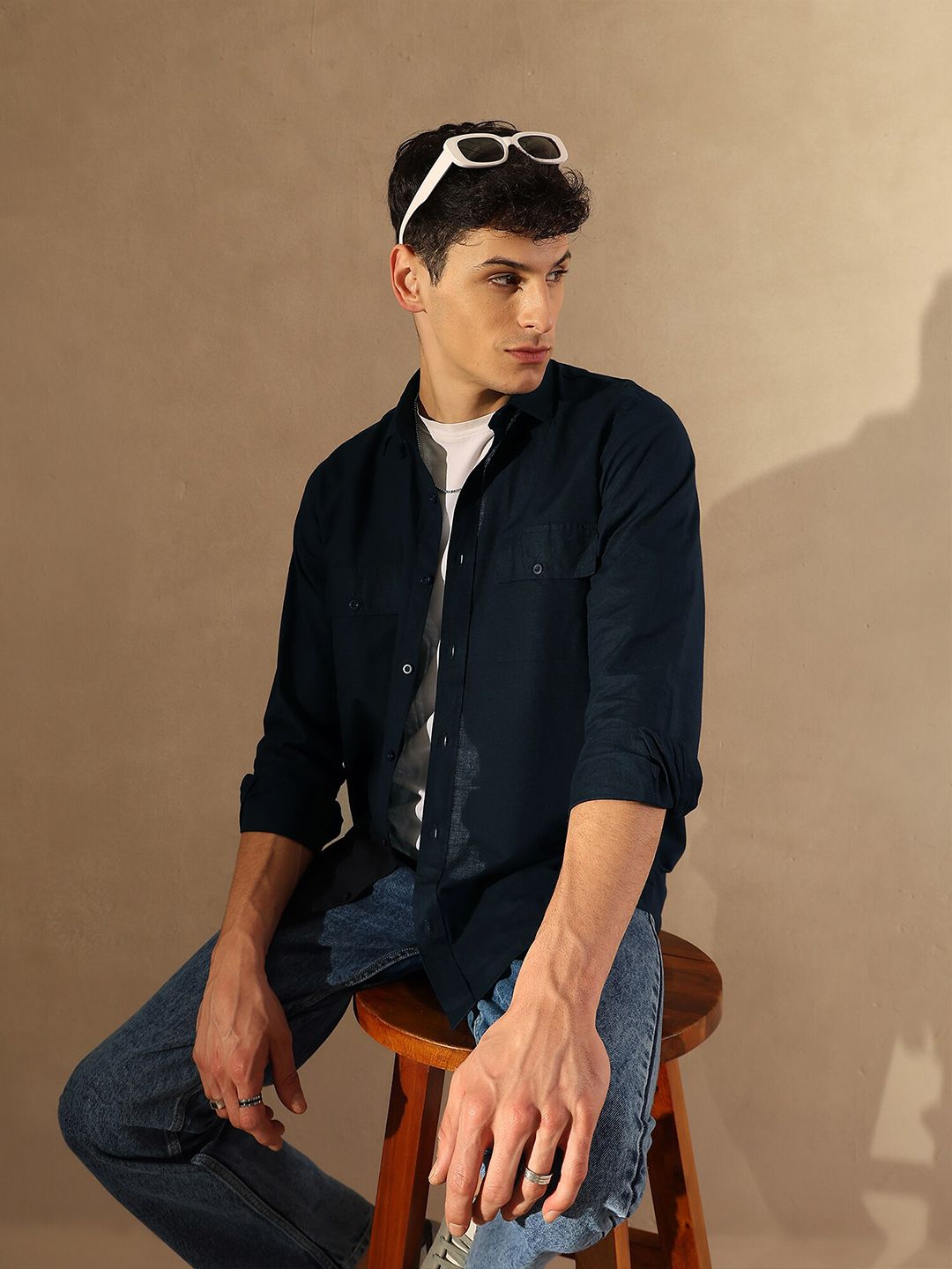 DENNISON Smart Spread Collar Cotton Linen Double Pocket Casual Shirt