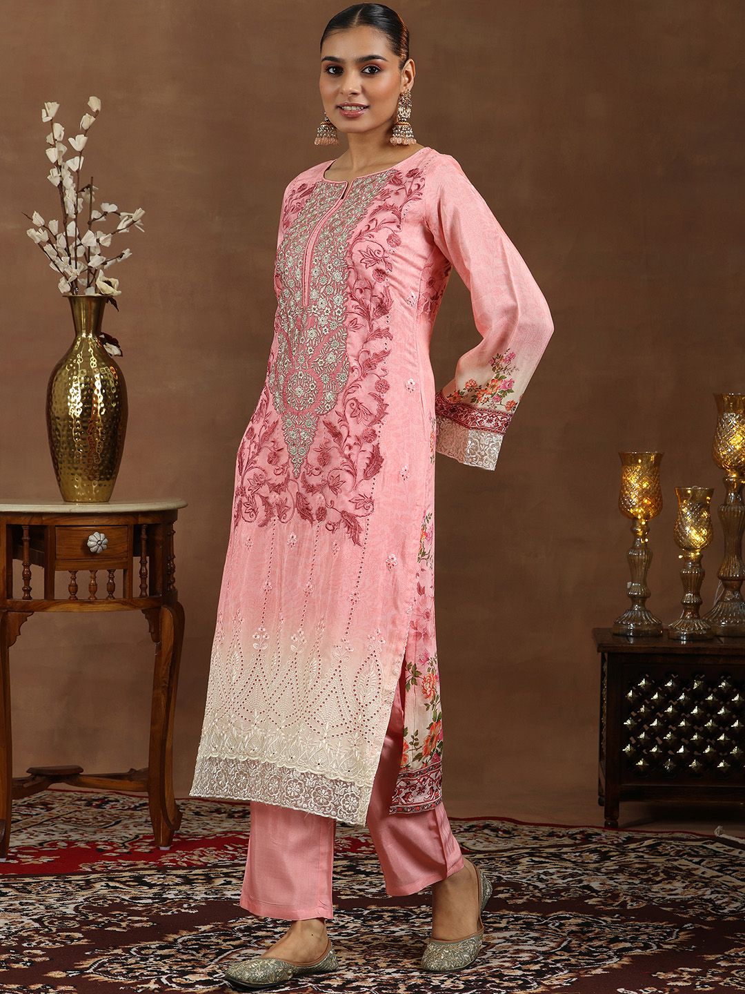 Libas Floral Embroidered Zari Schiffli Straight Kurta with Trousers & Dupatta