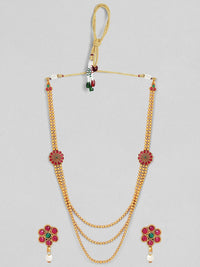 Rubans Gold-Plated & Ruby Stone Studded Handcrafted Layered Jewellery Set