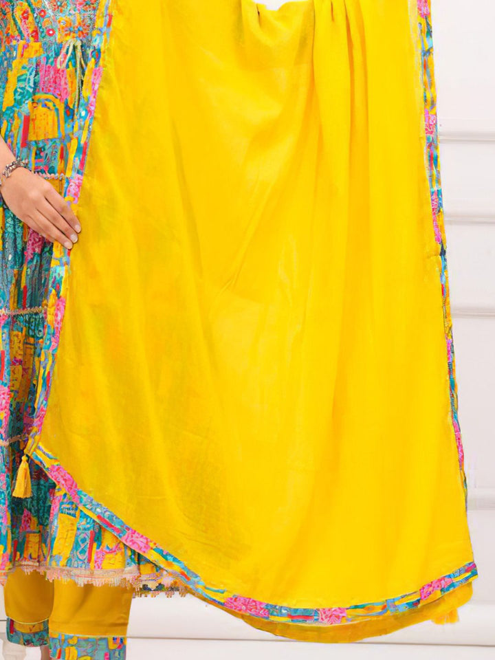 KALINI Floral Embroidered Mirror Work Anarkali Kurta With Trousers & Dupatta