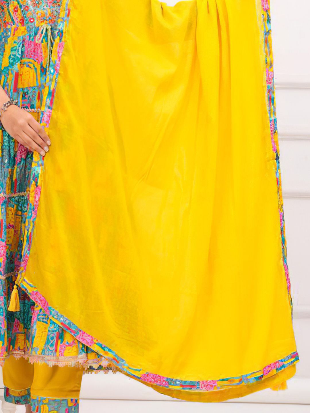 KALINI Floral Embroidered Mirror Work Anarkali Kurta With Trousers & Dupatta