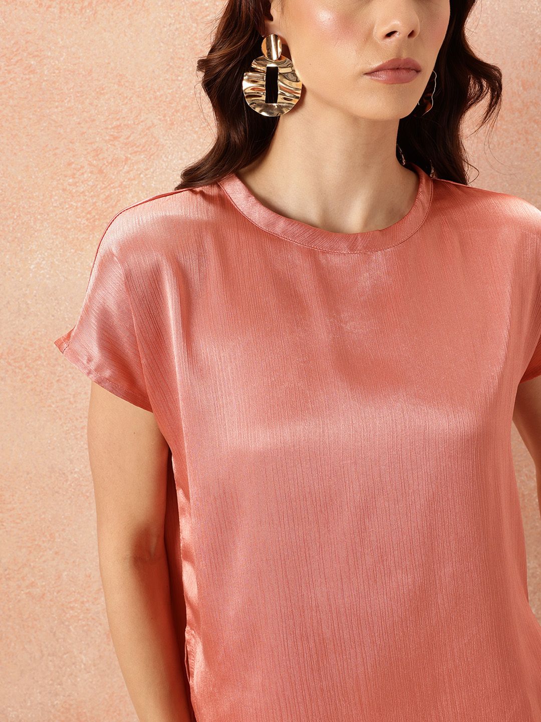 all about you  Crinkled Effect Extended Sleeves Satin Top