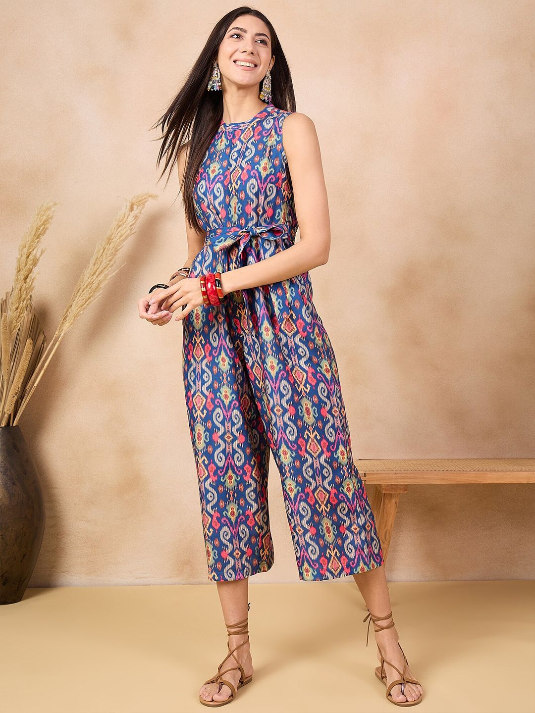 Anouk Blue Patola Printed Sleeveless Waist Tie-Ups Basic Jumpsuit
