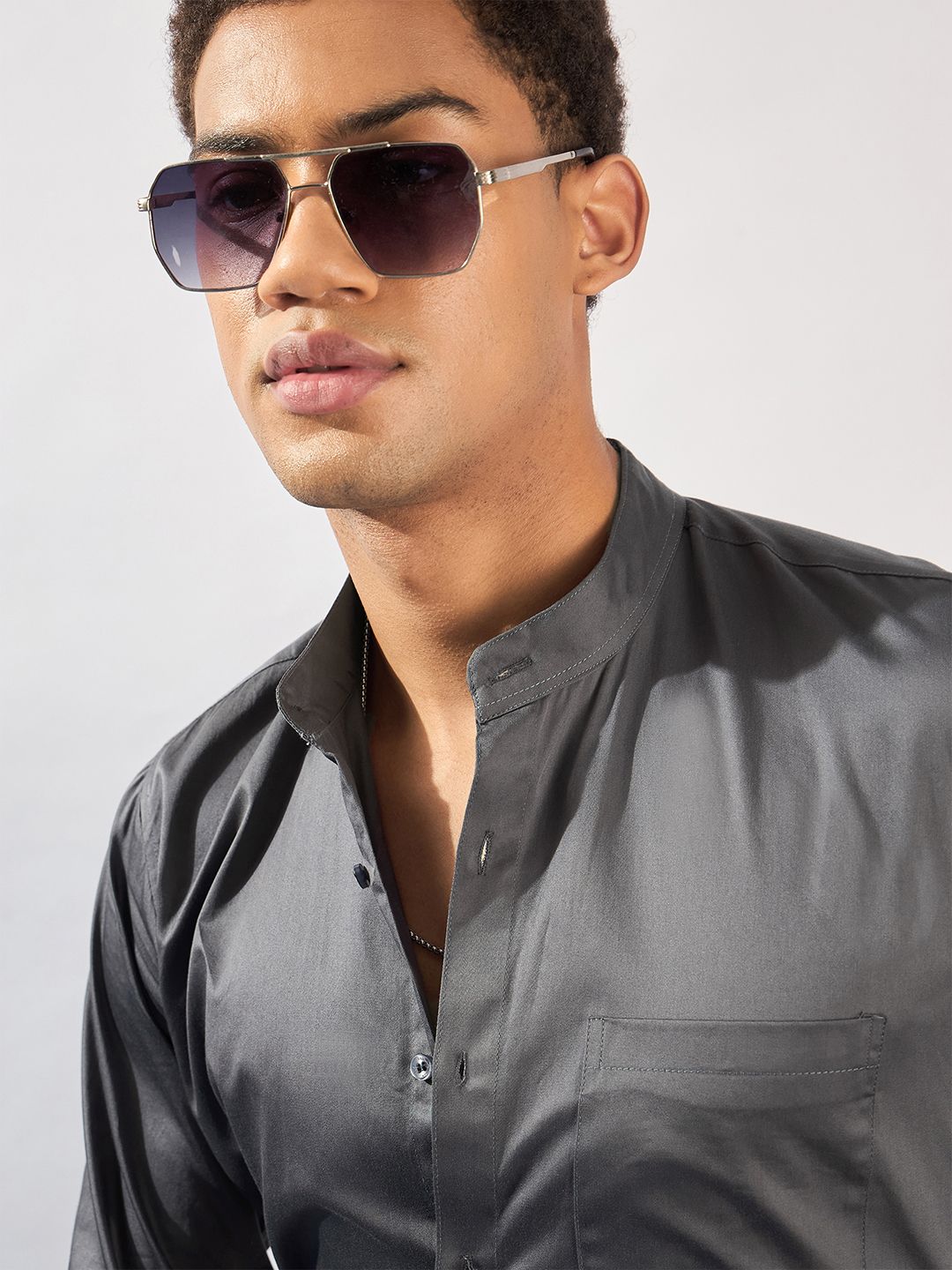 DENNISON Men Solid Mandarin Collar Smart Casual Shirt