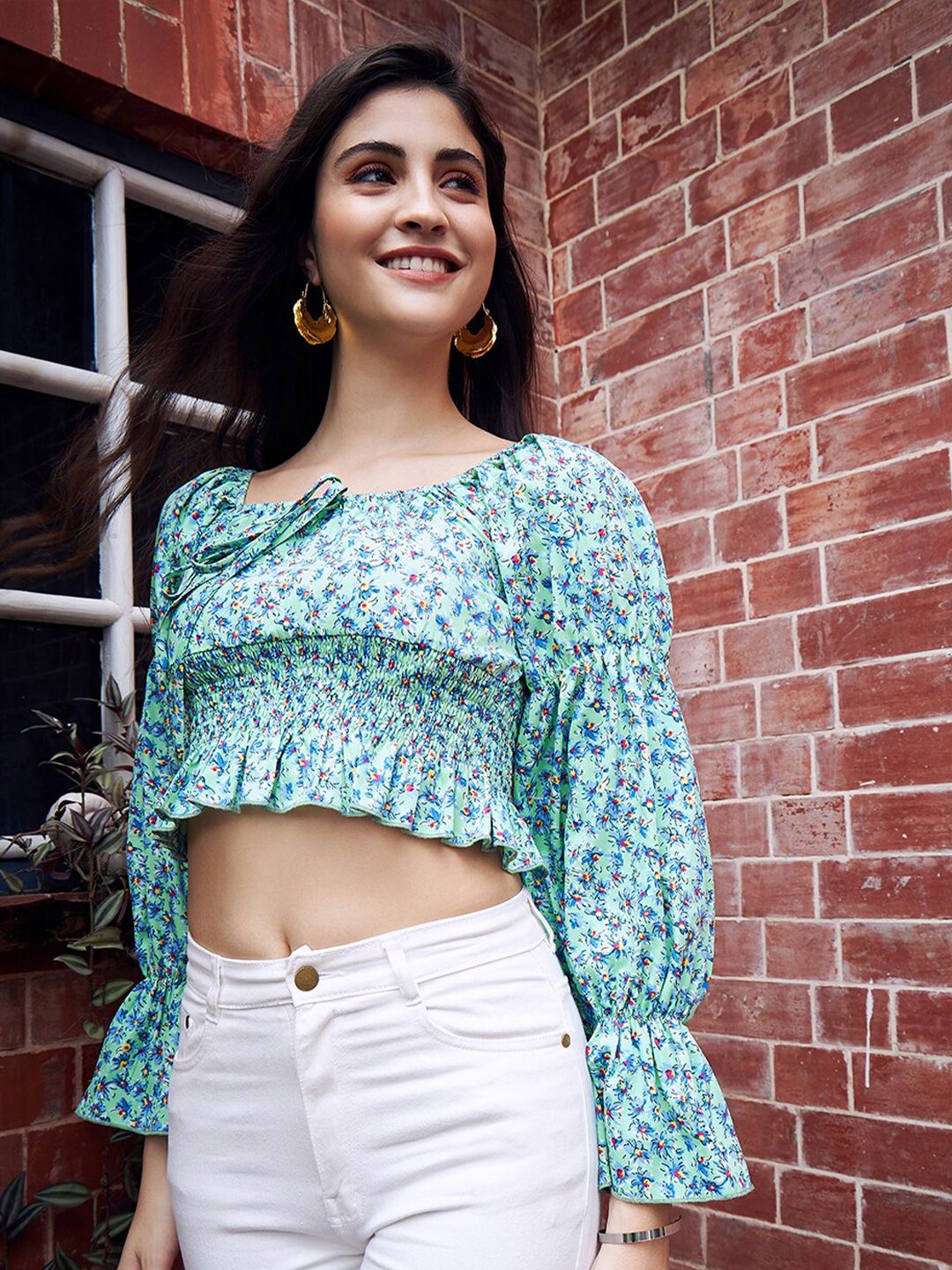 Berrylush Green Floral Printed Smocked Trumpet Sleeve Crop Top