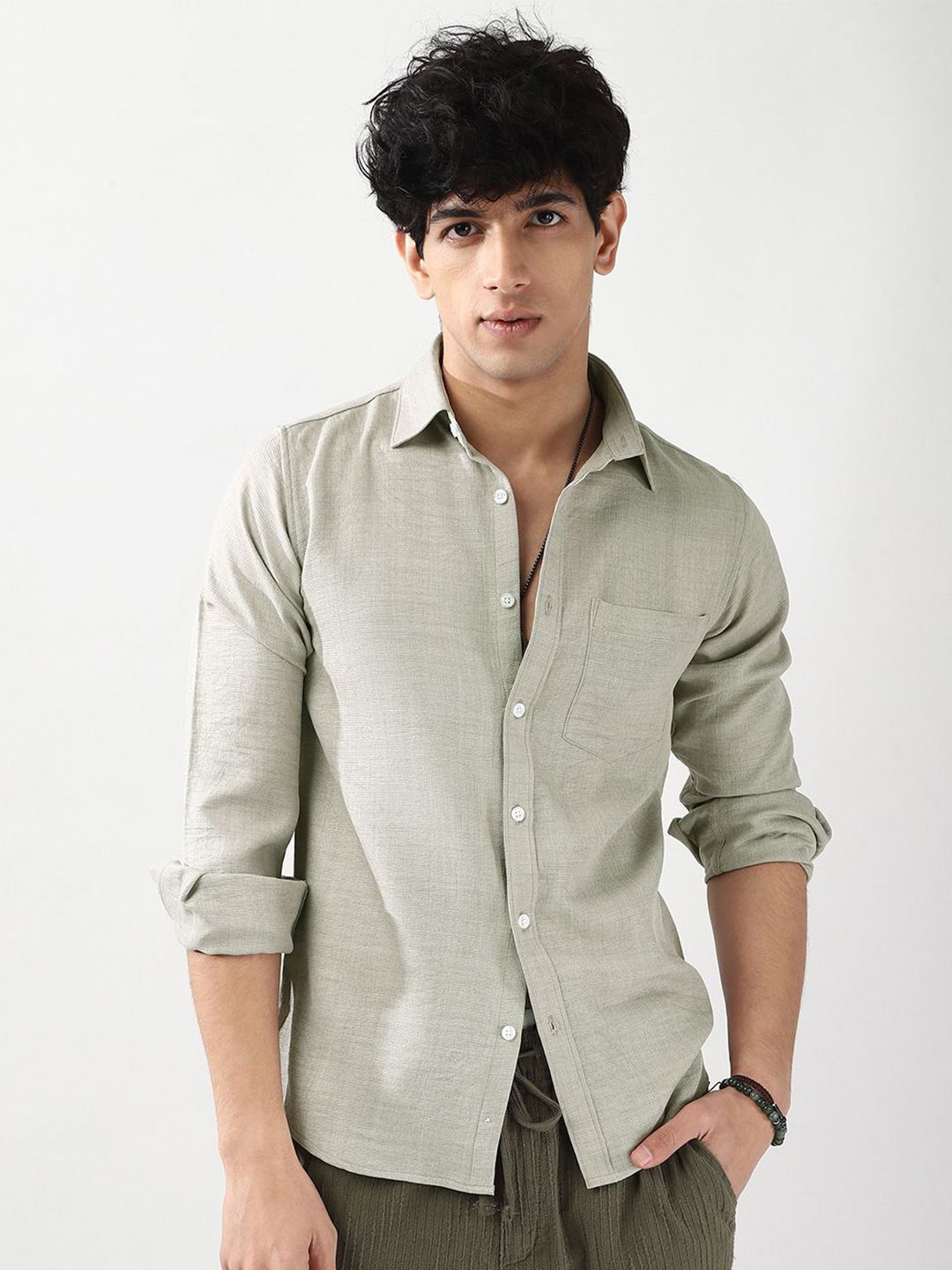 Urbano Fashion Men Beige Solid Linen Full Sleeve Relaxed Fit Casual Shirt