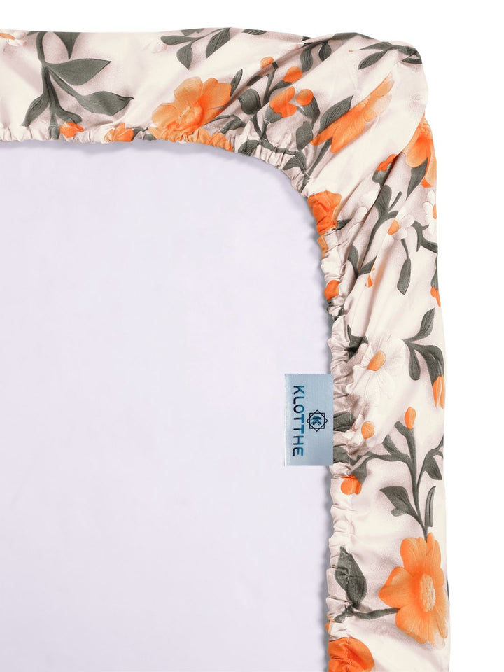 KLOTTHE Cream & Orange Floral Printed Fitted 300 TC Single 7D Bedsheet With Pillow Cover