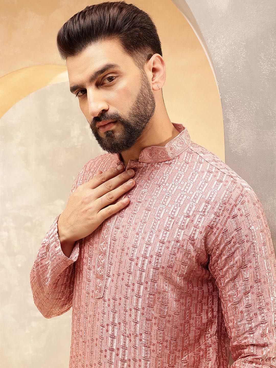 SOJANYA Ethnic Motifs Embroidered Mandarin Collar Sequinned Straight Kurta With Pyjamas