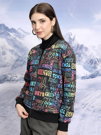 Tokyo Talkies Printed Mandarin Collar Crop Bomber Jacket