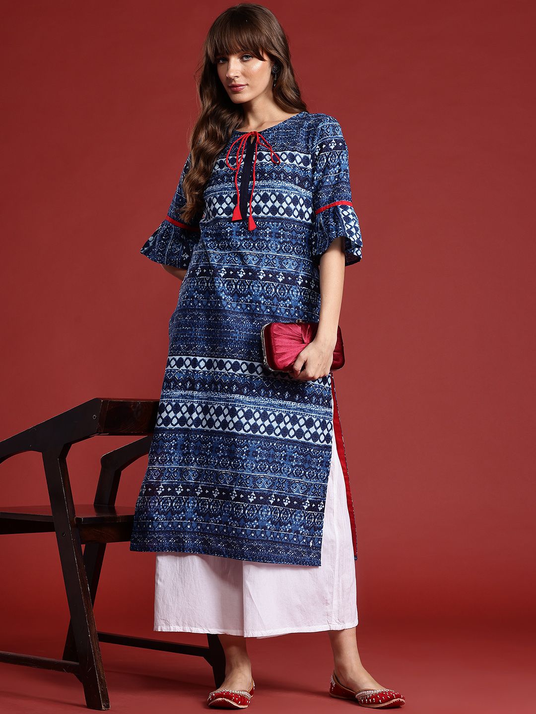 Anouk Ethnic Printed Flared Sleeves Indigo Pure Cotton Kurta