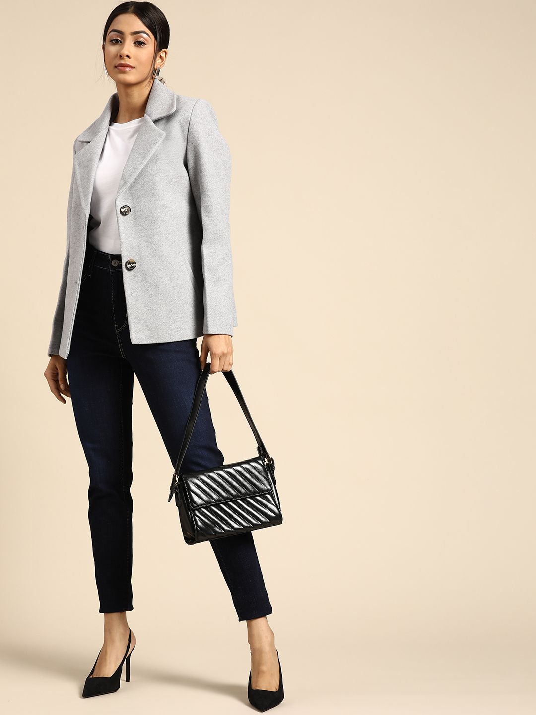 all about you Women Grey Melange Solid Smart Casual Blazer