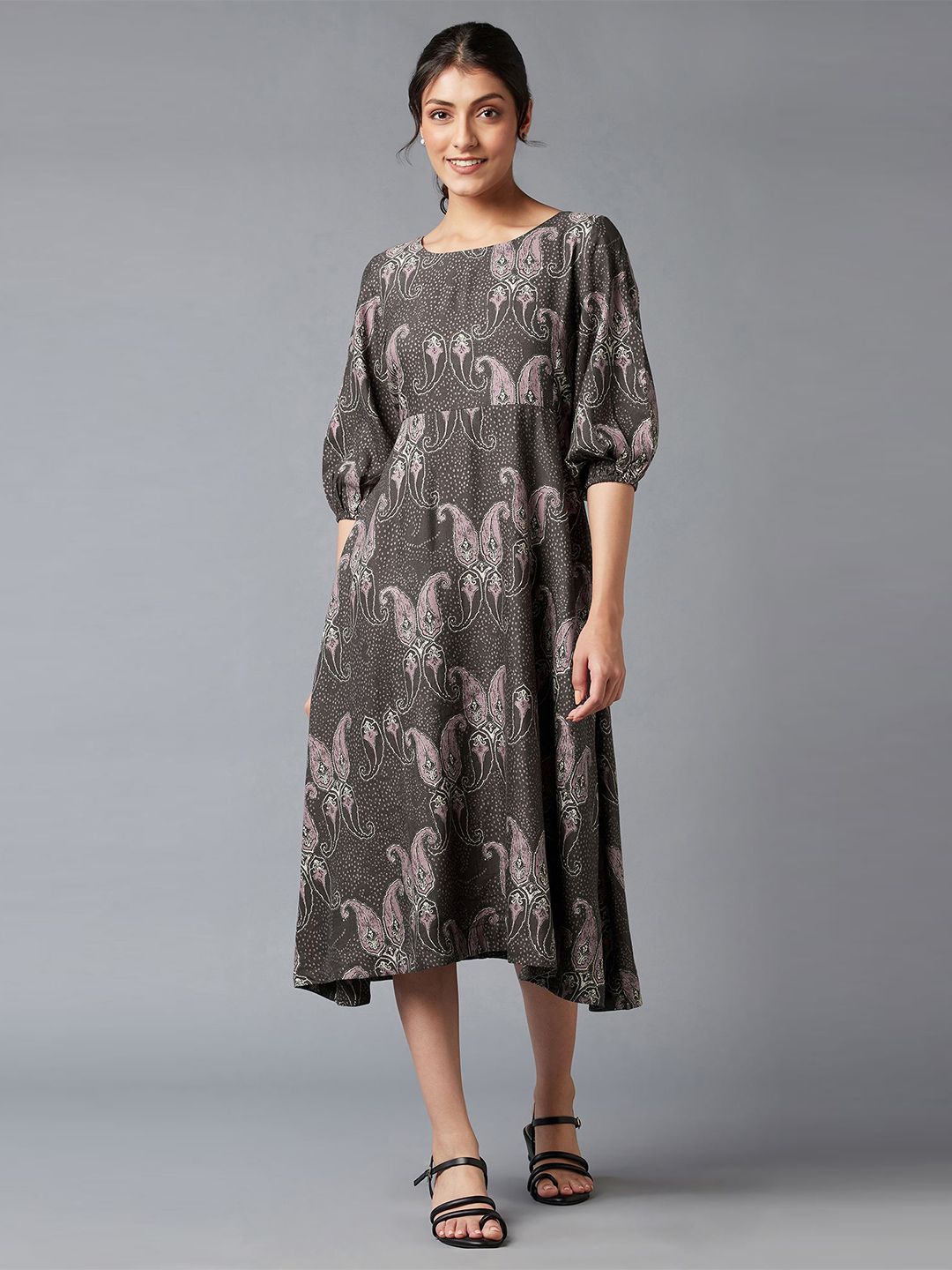 W Brown Ethnic Motifs A-Line Midi Dress
