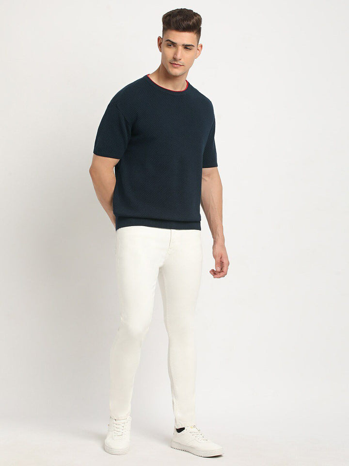 THE BEAR HOUSE Self Design Round Neck Drop-Shoulder Sleeves Cotton T-shirt