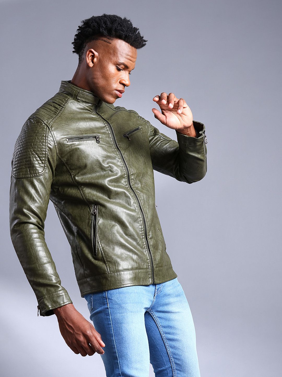 The Indian Garage Co Men Olive Green Solid Faux Biker Jacket