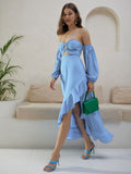 Berrylush Blue Off-Shoulder Puff Sleeves Cut Outs  A-Line Midi Dress