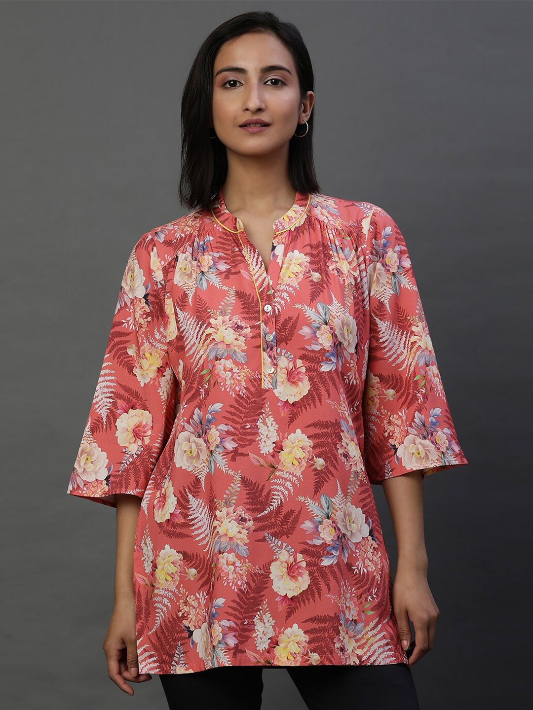 AURELIA Floral Printed Mandarin Collar Pure Cotton Kurti