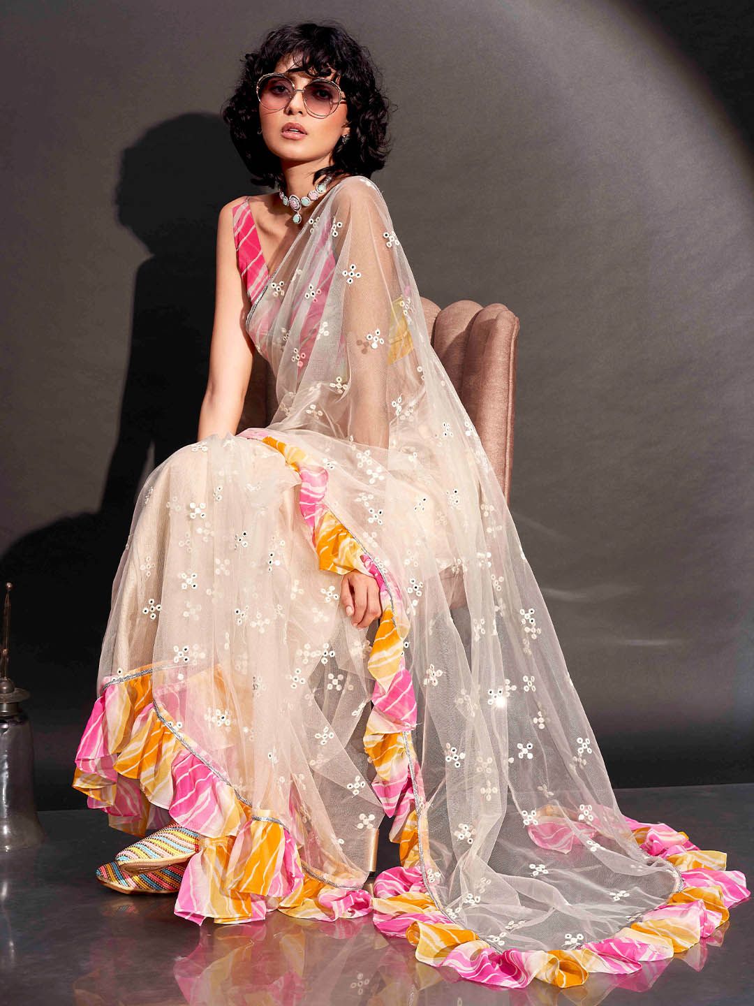 Tikhi Imli Mirror Work Net Saree