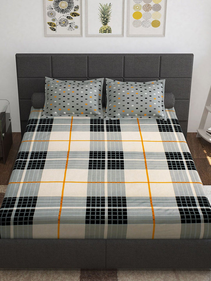Story@home White Grey Geometric Cotton 144 TC Queen Bedsheet With 2 Pillow Covers