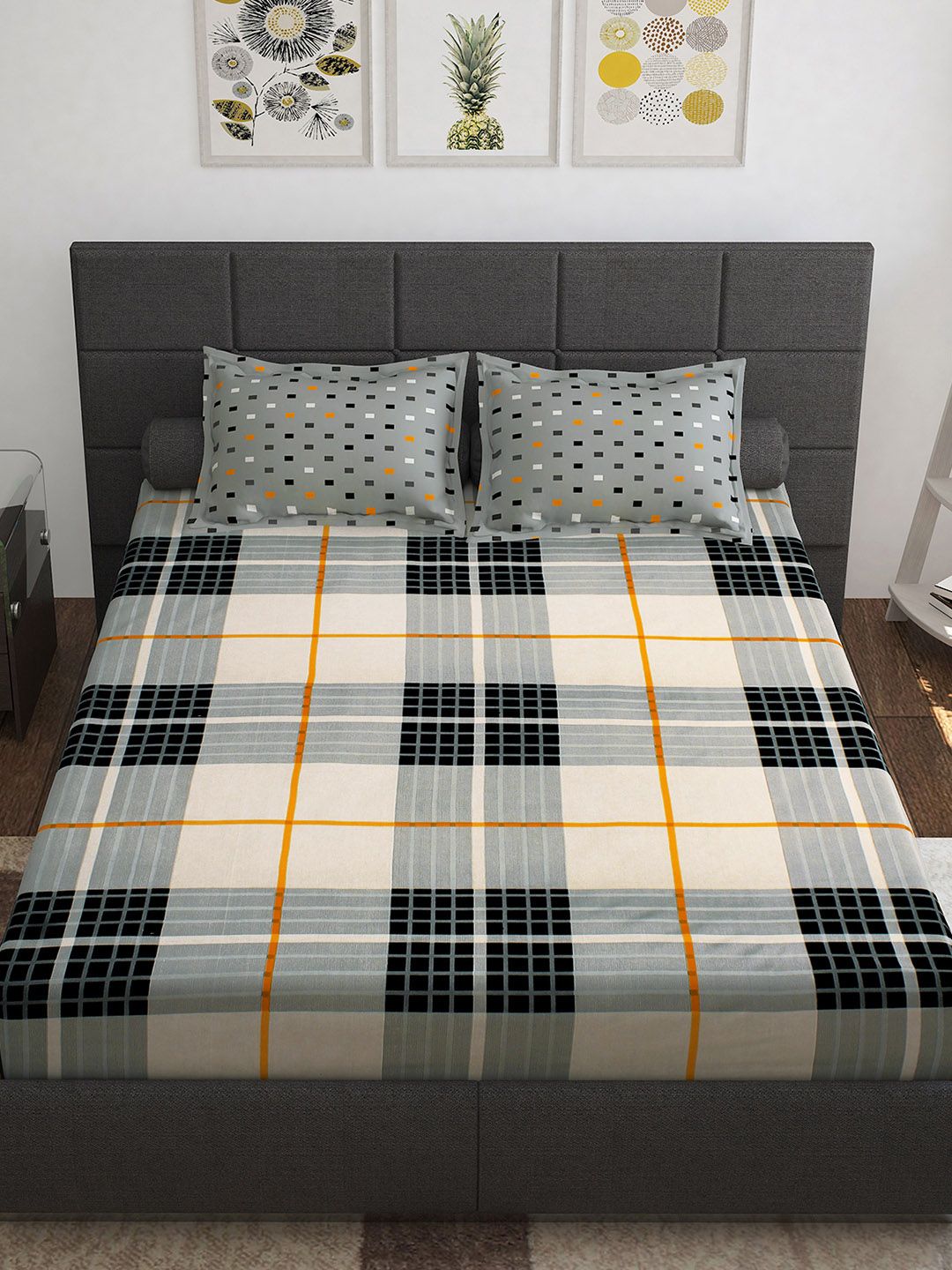 Story@home White Grey Geometric Cotton 144 TC Queen Bedsheet With 2 Pillow Covers