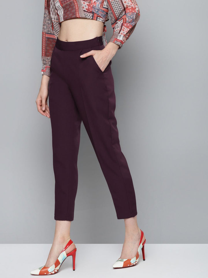 SASSAFRAS Women Burgundy Tailored Cropped Peg Trousers