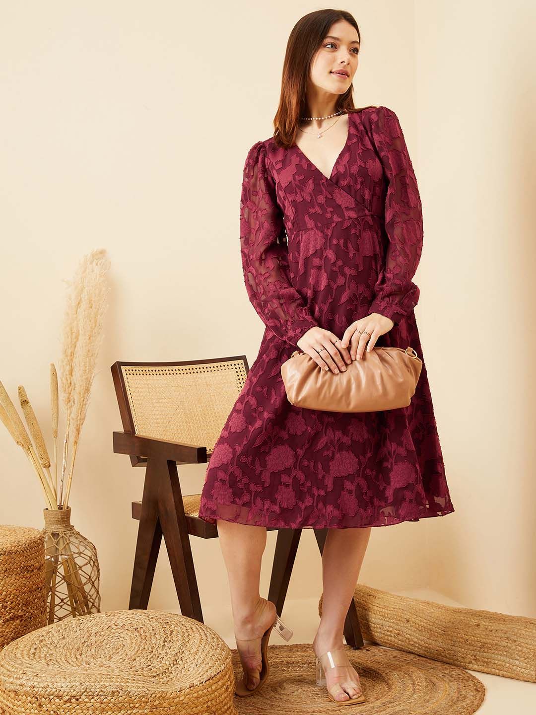 Berrylush Maroon Bishop Sleeve Layered Jacquard Midi Dress