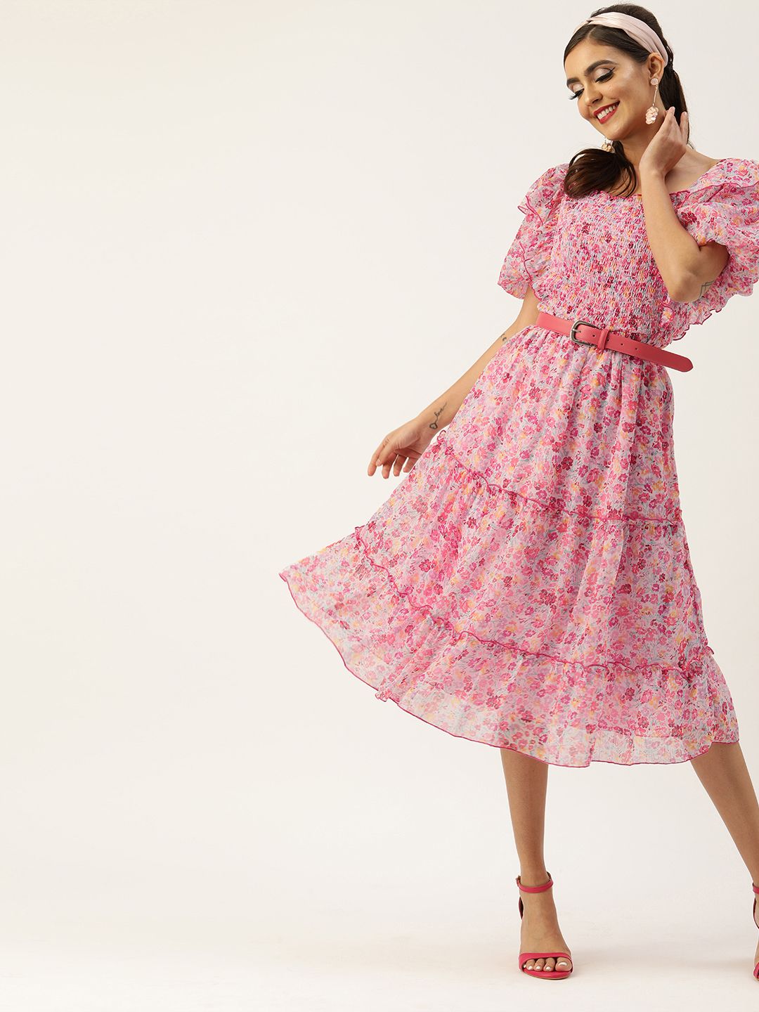 Antheaa Pink Floral Printed Fit and Flare Dress