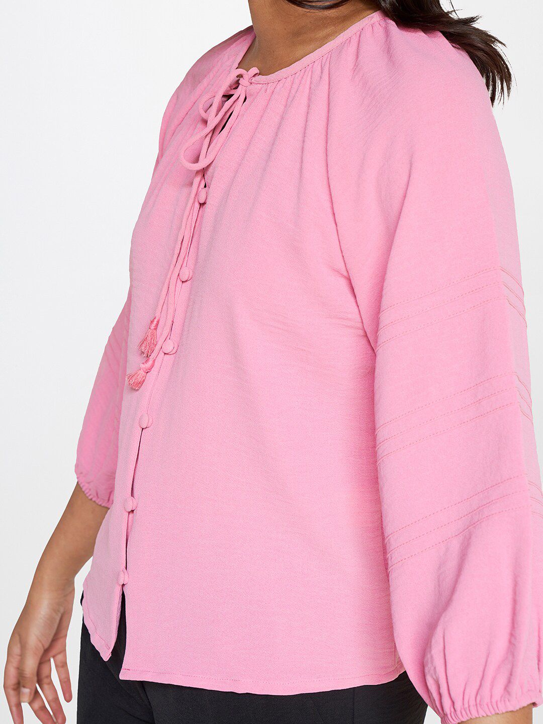 AND Tie-Up Neck Puff Sleeves Shirt Style Top
