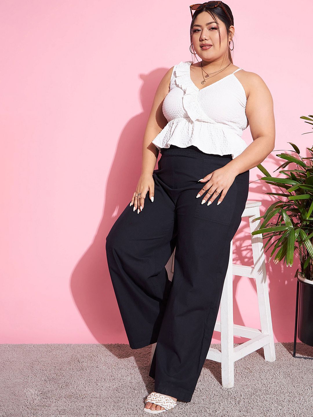 SASSAFRAS Curve Women Black Straight Fit High-Rise Pure Cotton Parallel Trousers