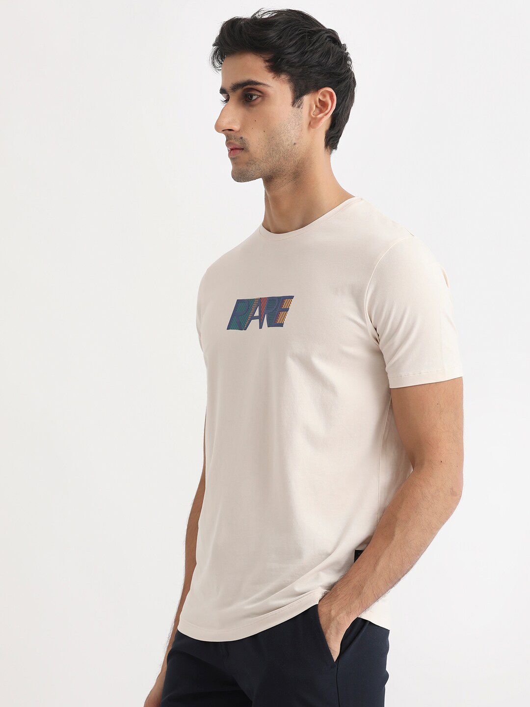 RARE RABBIT Men Caxton Typography Printed Pure Cotton Slim Fit T-Shirt