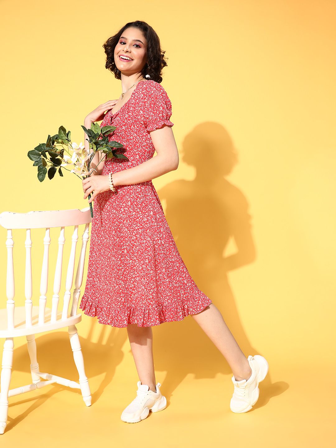 Berrylush Red Floral Crepe A-Line Midi Dress