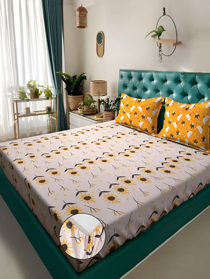 KLOTTHE Peach & Yellow Floral 300 TC Fitted Double King Bedsheet With 2 Pillow Covers